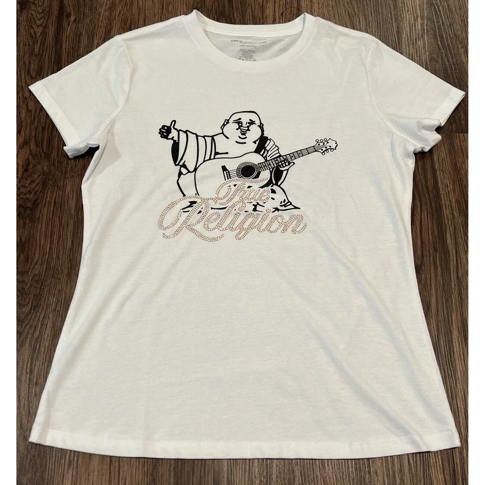 True Religion Women's Crystal Embellished Buddha Slim Crew White Tee T-Shirt XL